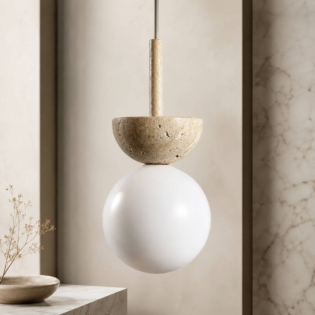 Lampada a sospensione nordica a LED compatta in travertino color crema per ambienti minimalisti | ribuella