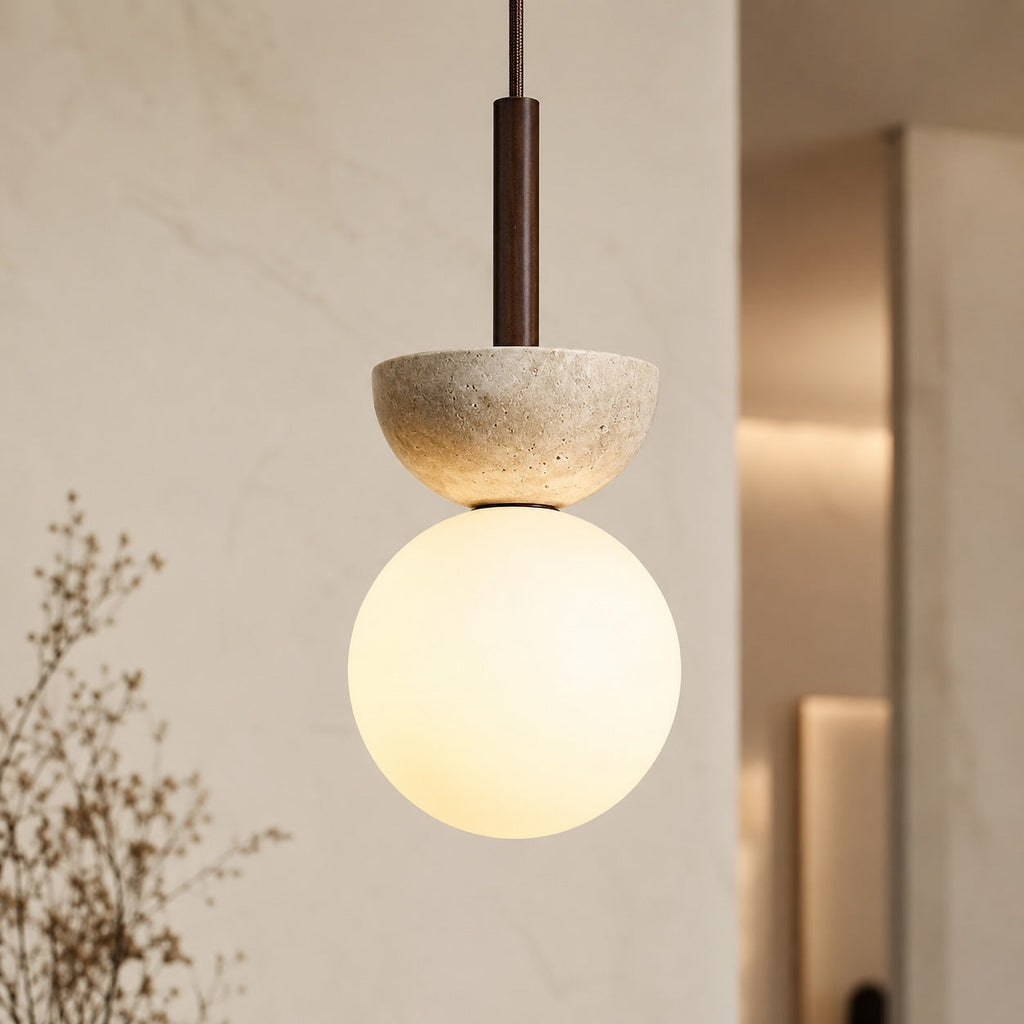 Lampada a sospensione nordica a LED compatta in travertino color crema per ambienti minimalisti | ribuella