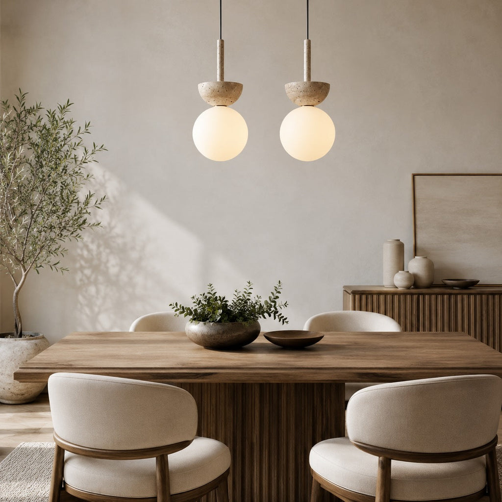 Lampada a sospensione nordica a LED compatta in travertino color crema per ambienti minimalisti | ribuella