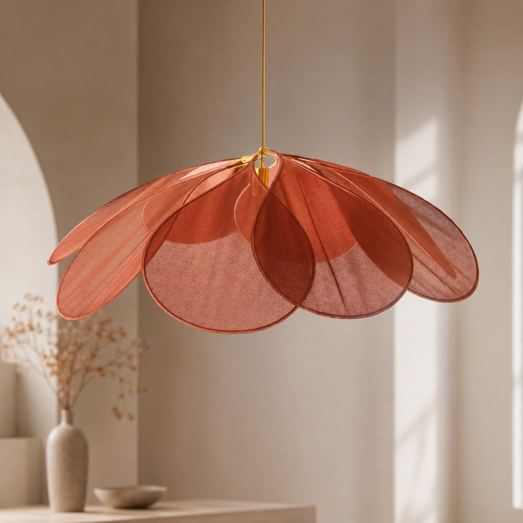 Moderní závěsná lampa ve tvaru květu, nastavitelné textilní stínidlo, kov, kompatibilní s LED žárovkou E27 | ribuella