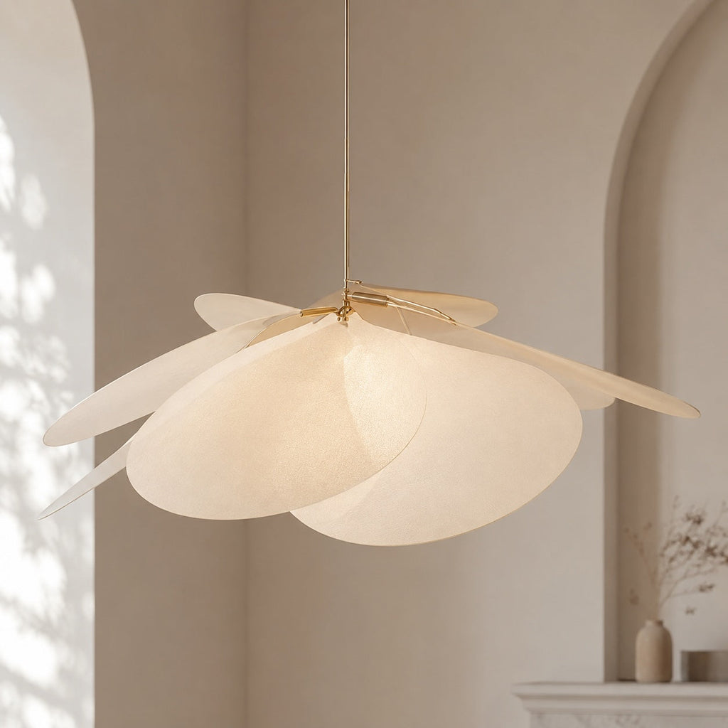 Moderní závěsná lampa ve tvaru květu, nastavitelné textilní stínidlo, kov, kompatibilní s LED žárovkou E27 | ribuella