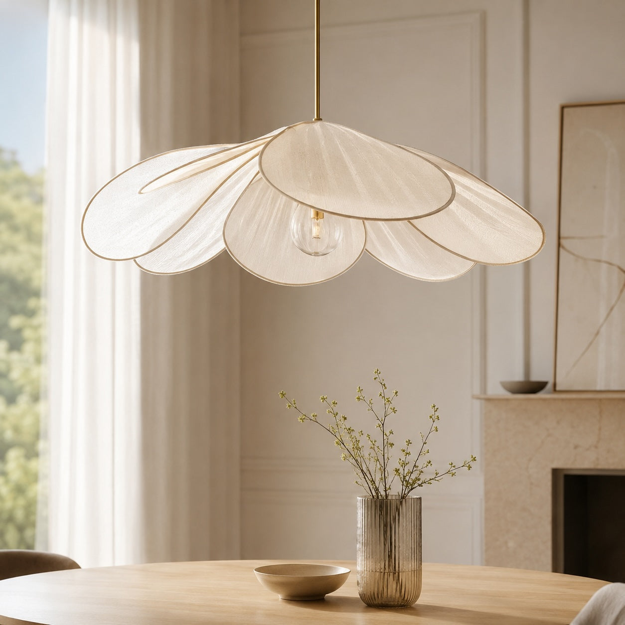 Moderní závěsná lampa ve tvaru květu, nastavitelné textilní stínidlo, kov, kompatibilní s LED žárovkou E27 | ribuella