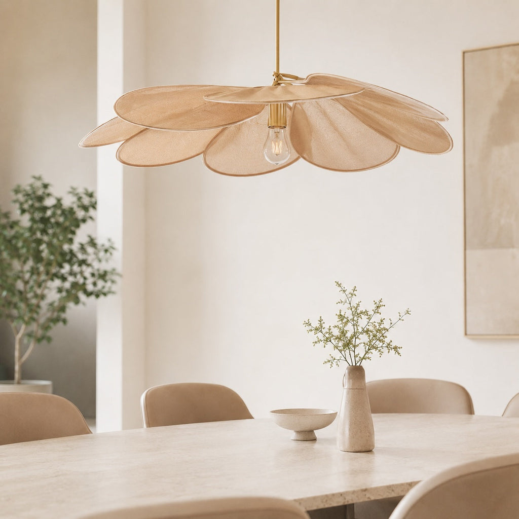 Moderní závěsná lampa ve tvaru květu, nastavitelné textilní stínidlo, kov, kompatibilní s LED žárovkou E27 | ribuella
