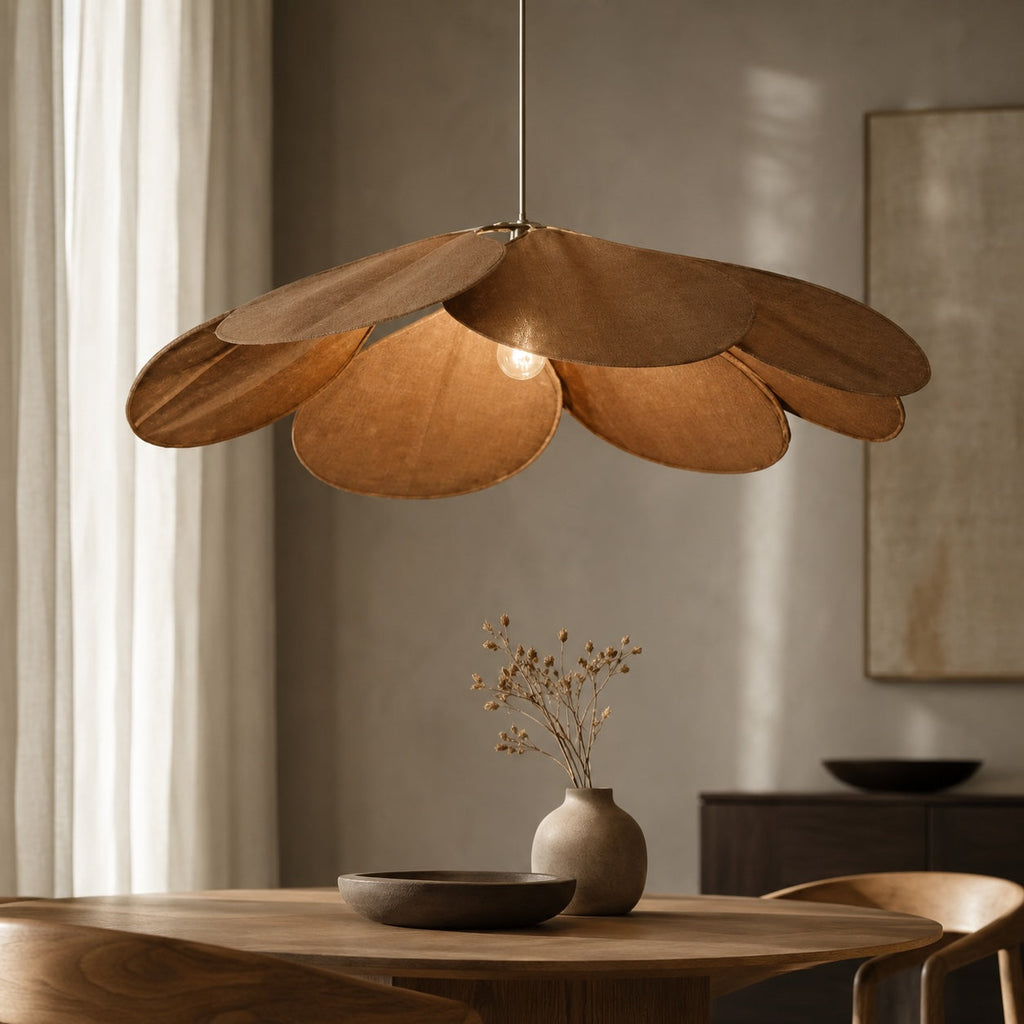 Moderní závěsná lampa ve tvaru květu, nastavitelné textilní stínidlo, kov, kompatibilní s LED žárovkou E27 | ribuella
