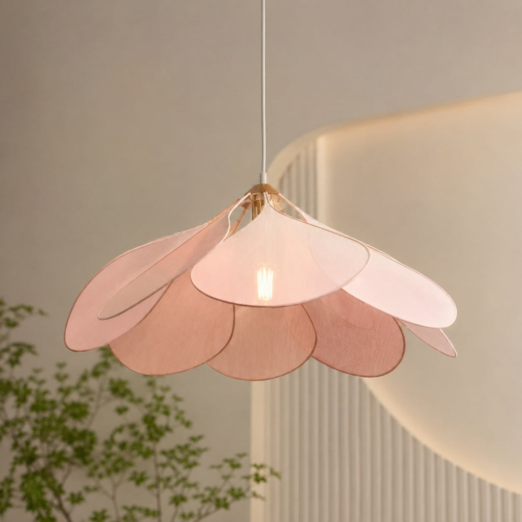 Moderní závěsná lampa ve tvaru květu, nastavitelné textilní stínidlo, kov, kompatibilní s LED žárovkou E27 | ribuella