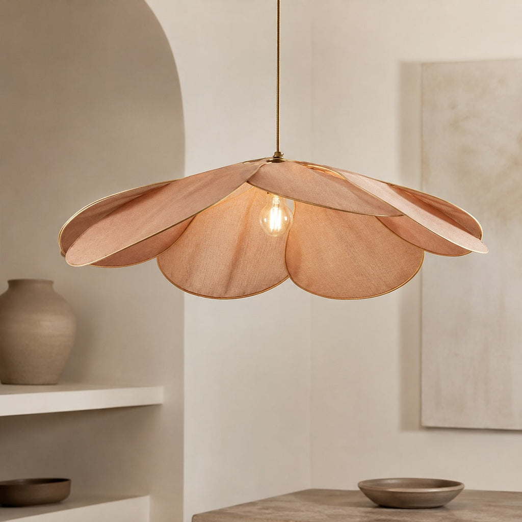 Moderní závěsná lampa ve tvaru květu, nastavitelné textilní stínidlo, kov, kompatibilní s LED žárovkou E27 | ribuella