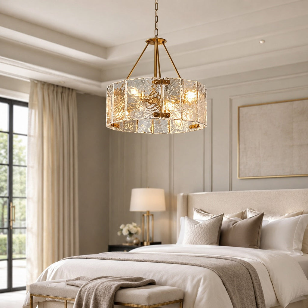 Modern Chandelier Light Adjustable Hanging Copper Frame Ripple Glass 6 or 8 Light Options | ribuella