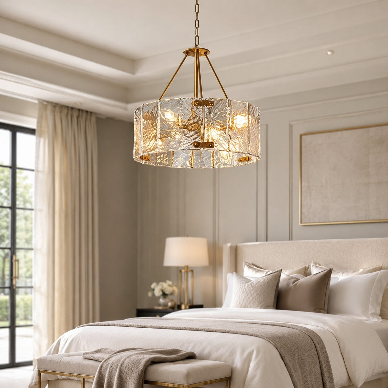 Modern Chandelier Light Adjustable Hanging Copper Frame Ripple Glass 6 or 8 Light Options | ribuella
