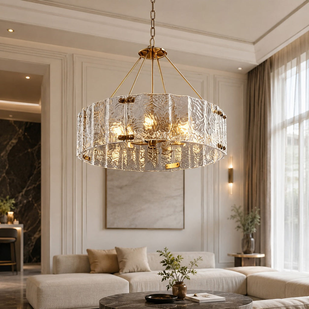 Modern Chandelier Light Adjustable Hanging Copper Frame Ripple Glass 6 or 8 Light Options | ribuella