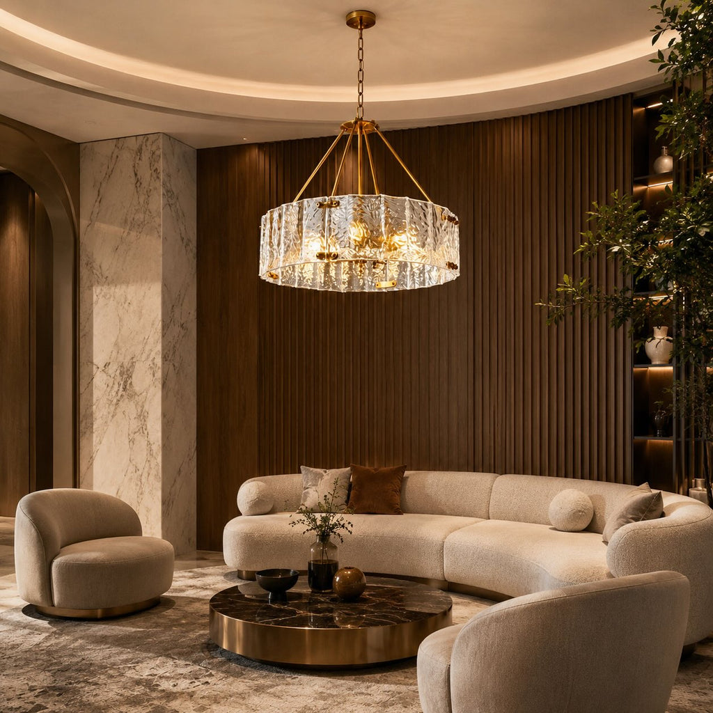 Modern Chandelier Light Adjustable Hanging Copper Frame Ripple Glass 6 or 8 Light Options | ribuella