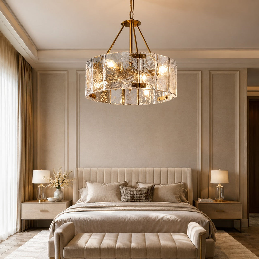 Modern Chandelier Light Adjustable Hanging Copper Frame Ripple Glass 6 or 8 Light Options | ribuella