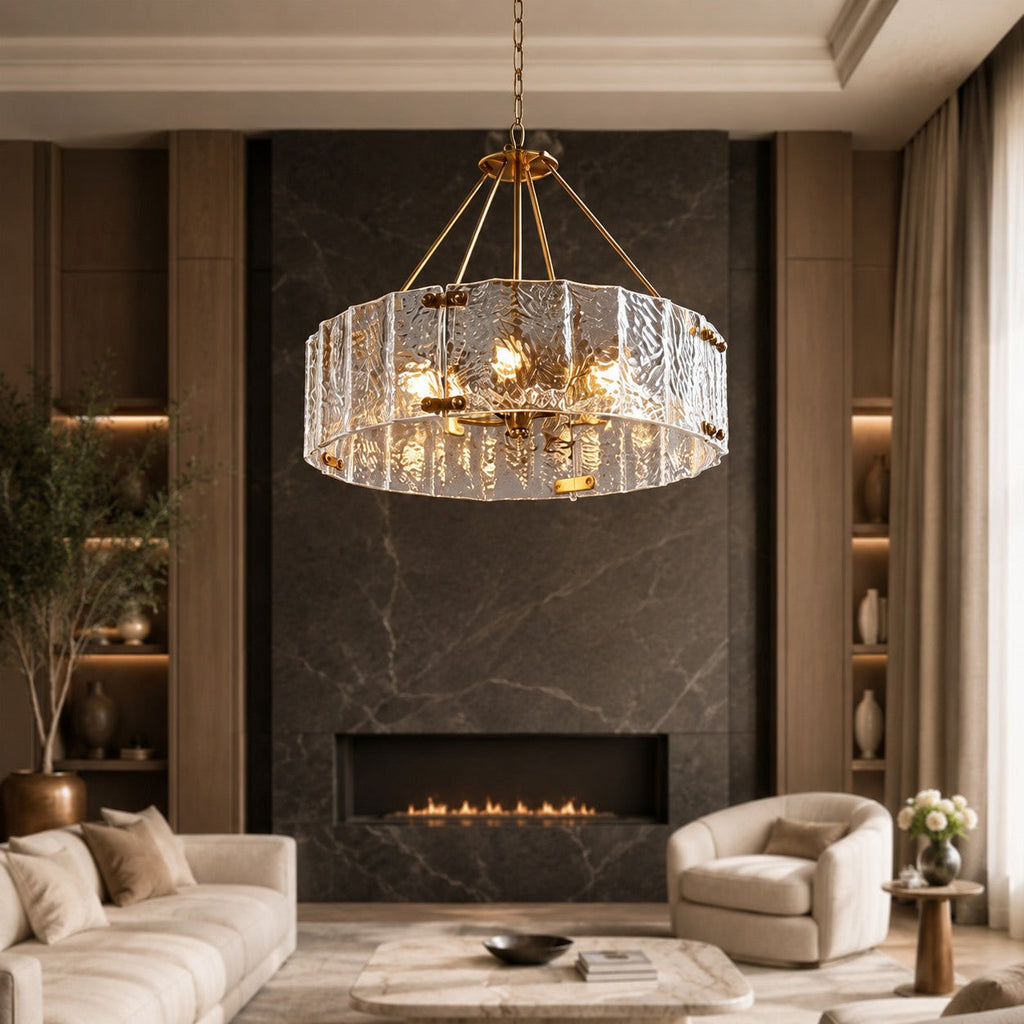 Modern Chandelier Light Adjustable Hanging Copper Frame Ripple Glass 6 or 8 Light Options | ribuella