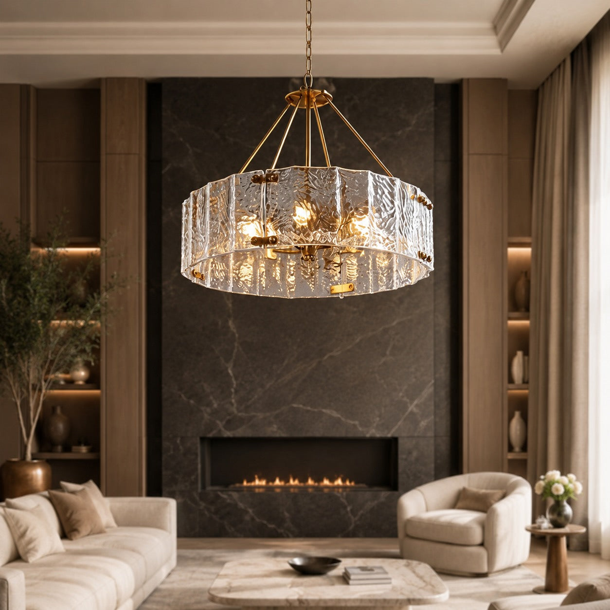 Modern Chandelier Light Adjustable Hanging Copper Frame Ripple Glass 6 or 8 Light Options | ribuella