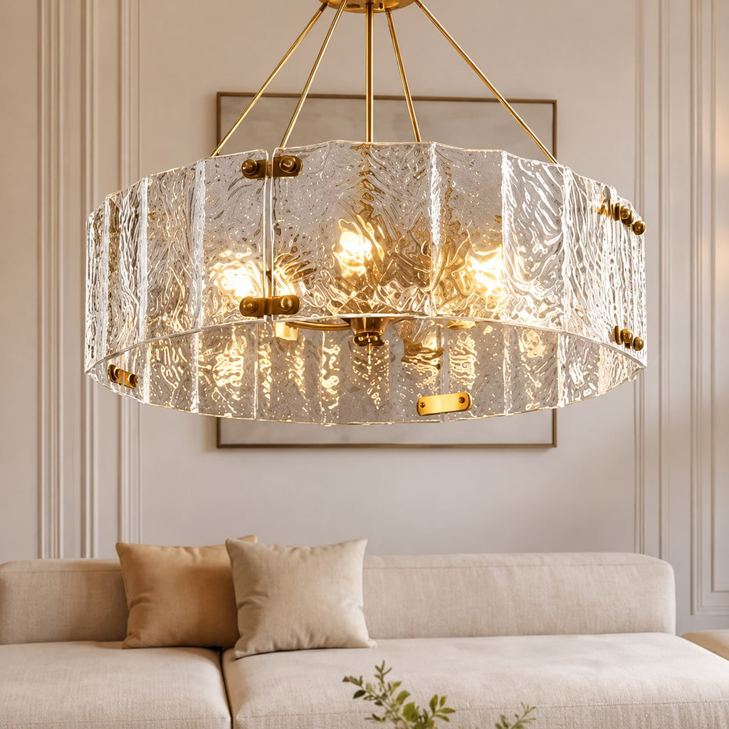 Modern Chandelier Light Adjustable Hanging Copper Frame Ripple Glass 6 or 8 Light Options | ribuella
