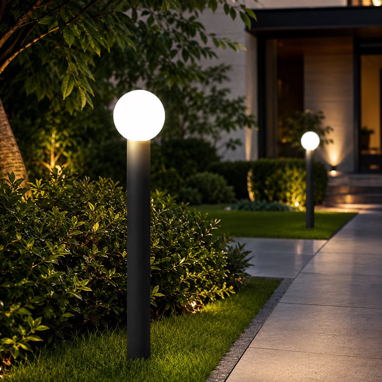 Modern Round Bollard Light LED Waterproof Black Metal Ground Mounted Outdoor Fixture | ribuella
