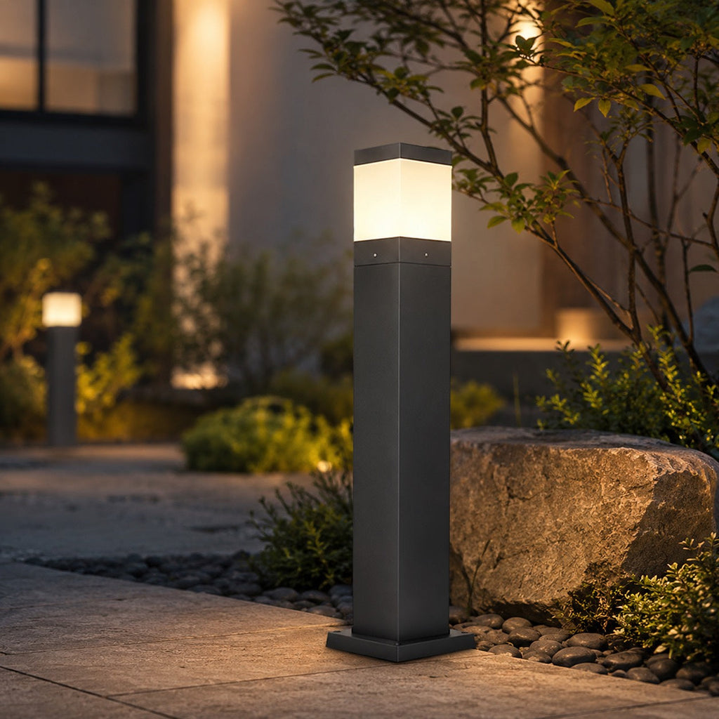 Modern Square Bollard Light Ground Mounted Aluminum 7W COB Warm White IP65 Waterproof | ribuella