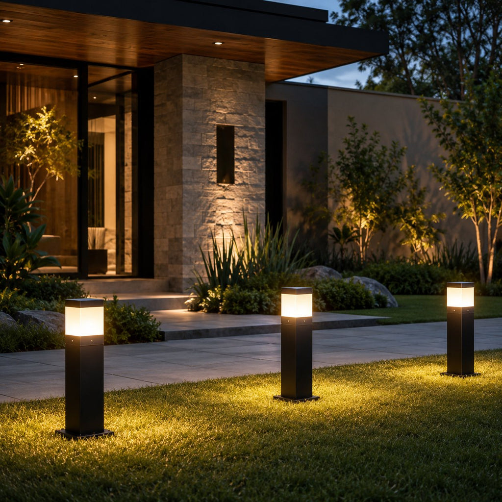 Modern Square Bollard Light Ground Mounted Aluminum 7W COB Warm White IP65 Waterproof | ribuella