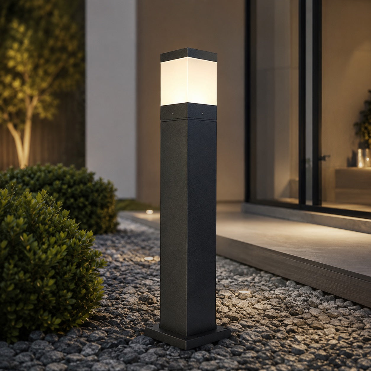 Modern Square Bollard Light Ground Mounted Aluminum 7W COB Warm White IP65 Waterproof | ribuella