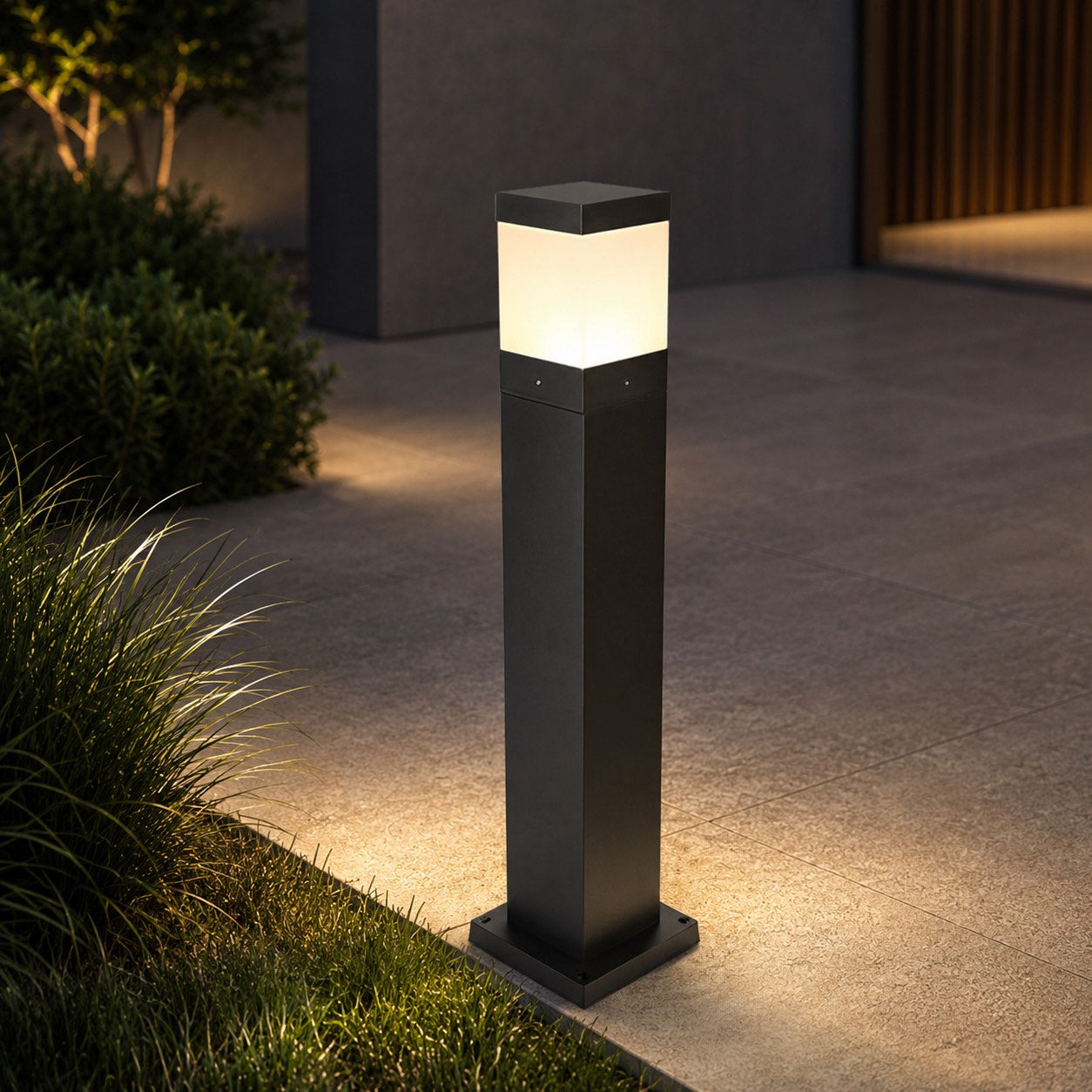 Modern Square Bollard Light Ground Mounted Aluminum 7W COB Warm White IP65 Waterproof | ribuella
