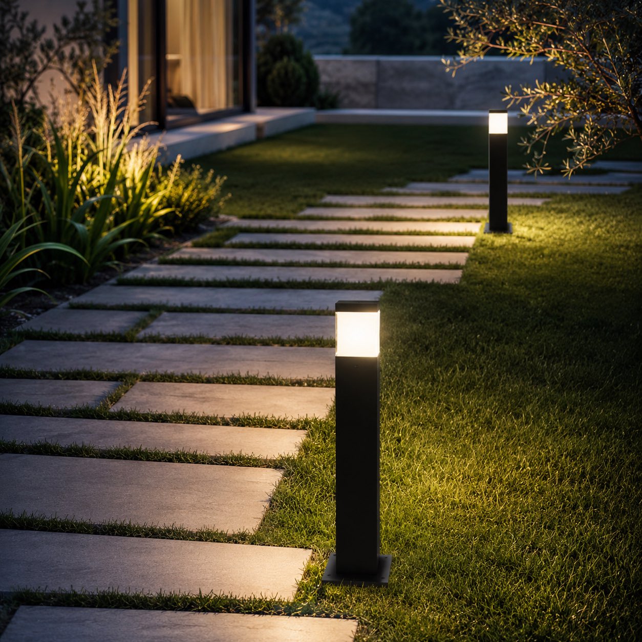 Modern Square Bollard Light Ground Mounted Aluminum 7W COB Warm White IP65 Waterproof | ribuella