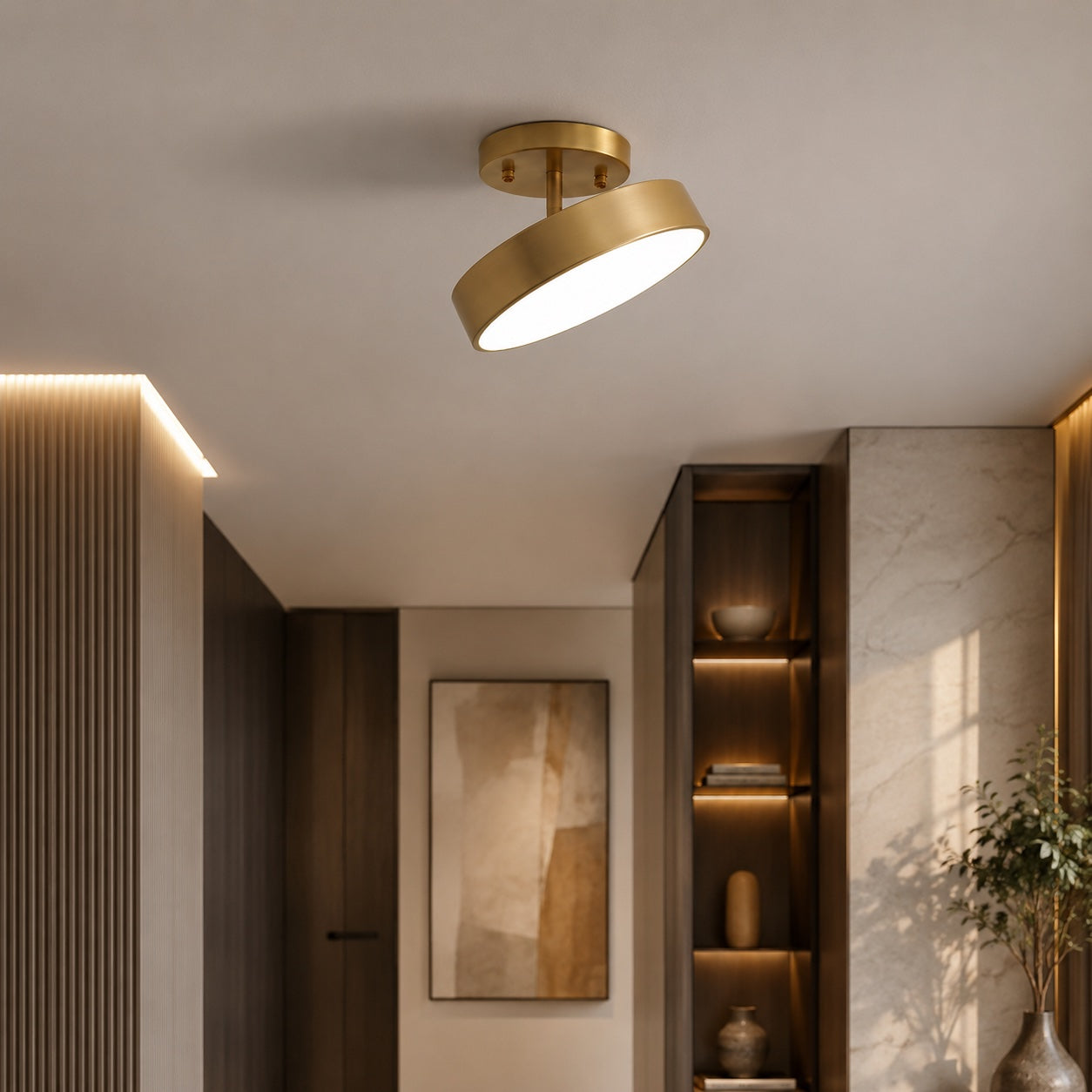 Nordisk LED-loftlampe med kobberfinish, tæt på loftet, og justerbare farvetemperaturindstillinger | ribuella