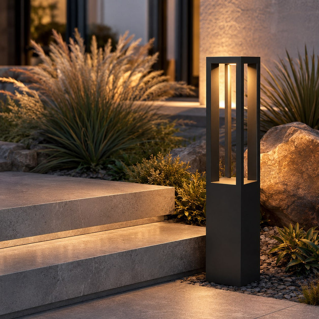 Modern LED Bollard Light Adjustable Height Black Aluminum IP54 Warm White Garden Fixture | ribuella