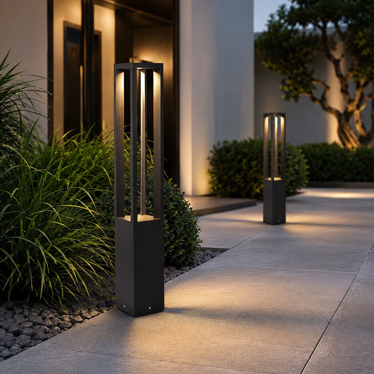 Modern LED Bollard Light Adjustable Height Black Aluminum IP54 Warm White Garden Fixture | ribuella