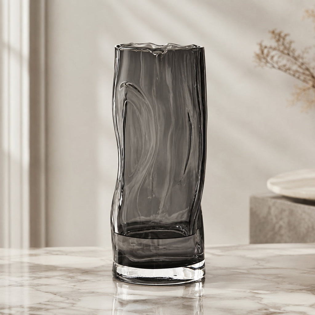 Contemporary Large Flower Vase Cylindrical Crystal Glass with Swirls Decorative Home Accent | ribuella