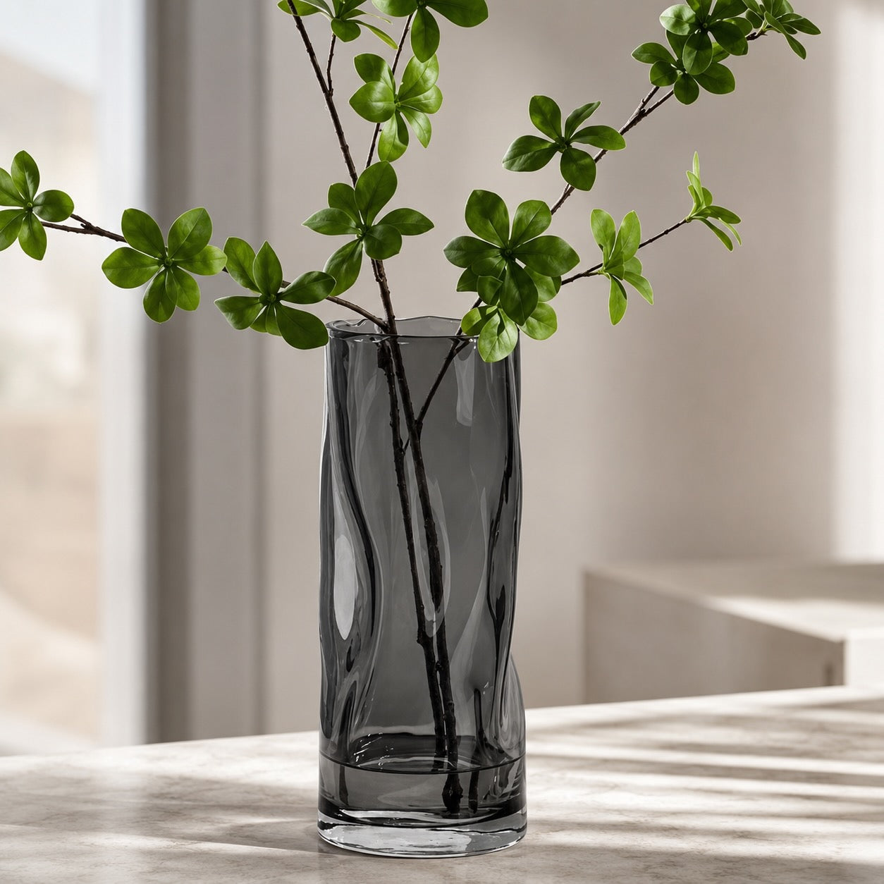 Contemporary Large Flower Vase Cylindrical Crystal Glass with Swirls Decorative Home Accent | ribuella