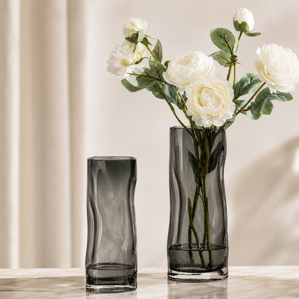 Contemporary Large Flower Vase Cylindrical Crystal Glass with Swirls Decorative Home Accent | ribuella