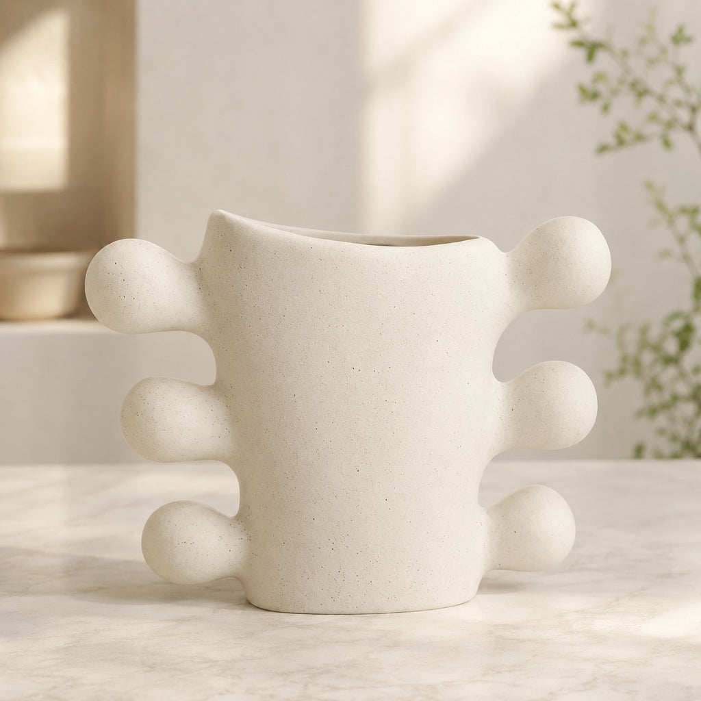 Modern Sculpted Ceramic Vase Cylindrical Base White Ceramic Handcrafted Home Decor | ribuella