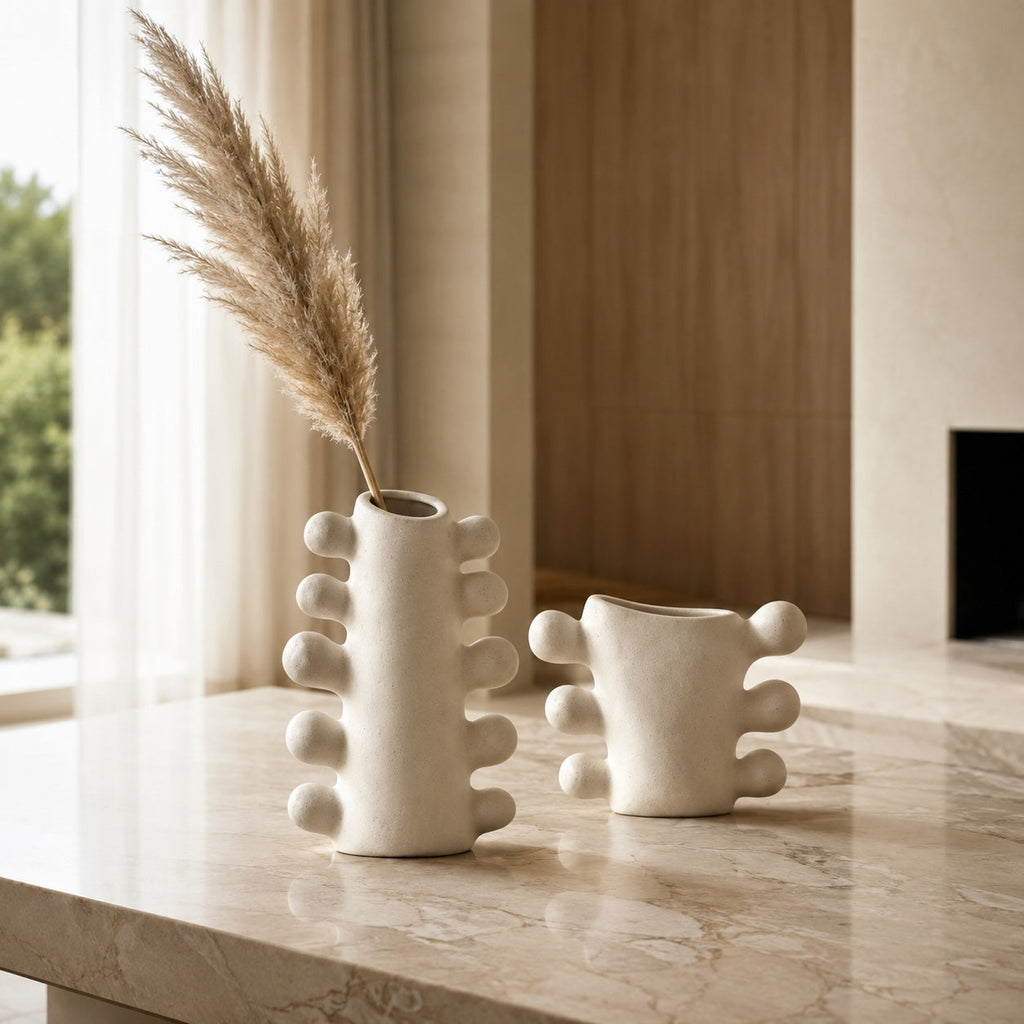 Modern Sculpted Ceramic Vase Cylindrical Base White Ceramic Handcrafted Home Decor | ribuella