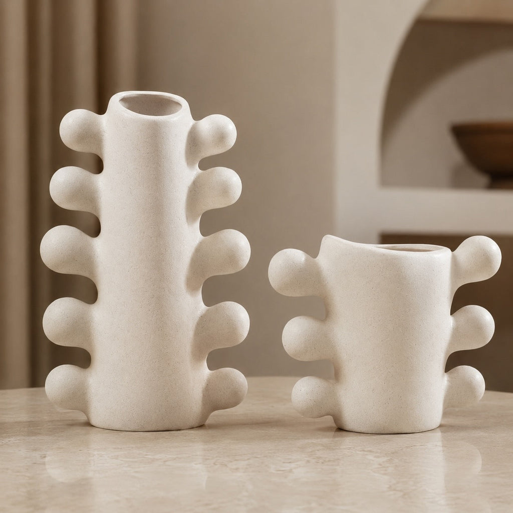 Modern Sculpted Ceramic Vase Cylindrical Base White Ceramic Handcrafted Home Decor | ribuella