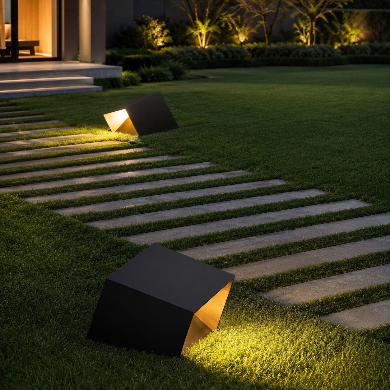 Lampade solari da giardino, luce LED da esterno moderna a cubo, paletto in acciaio inox e vetro, IP54, 3000 K | ribuella