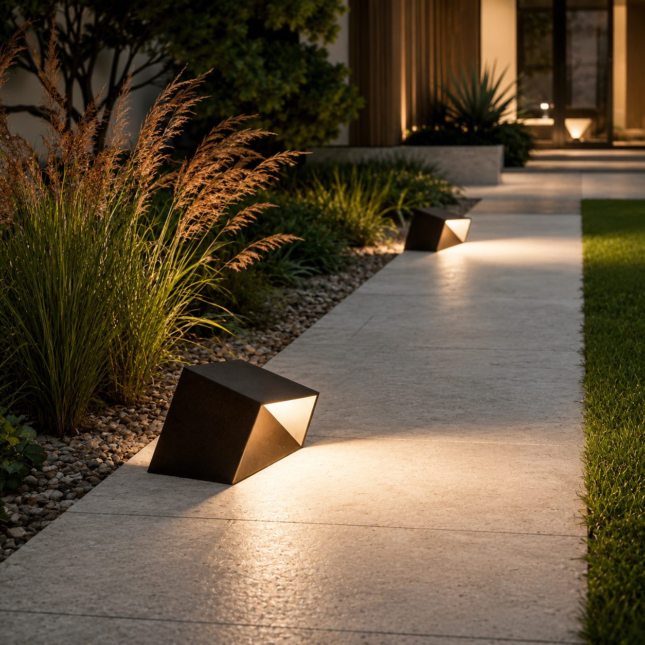Lampade solari da giardino, luce LED da esterno moderna a cubo, paletto in acciaio inox e vetro, IP54, 3000 K | ribuella