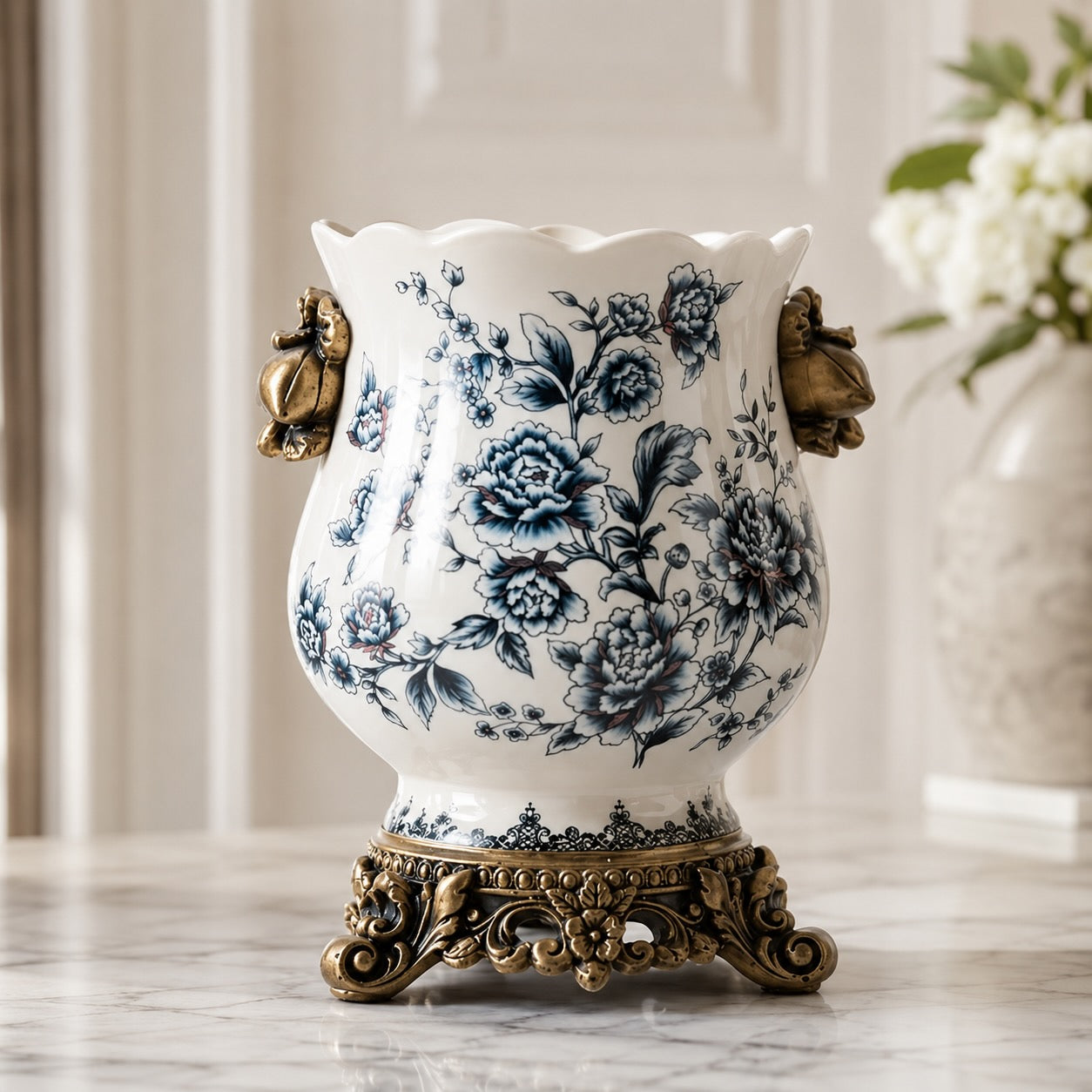 Large White Porcelain Flower Vase with Scalloped Rim and Crackle Glaze for Floral Display | ribuella