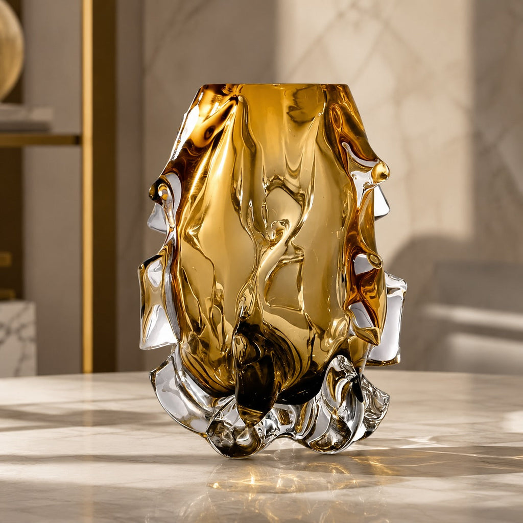 Modern Art Glass Vase Hand-Blown Crystal Decorative Piece Asymmetrical Amber Finish | ribuella