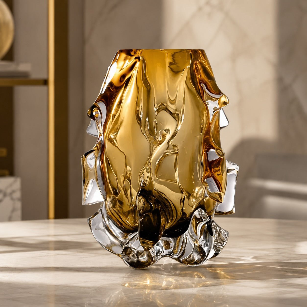 Modern Art Glass Vase Hand-Blown Crystal Decorative Piece Asymmetrical Amber Finish | ribuella