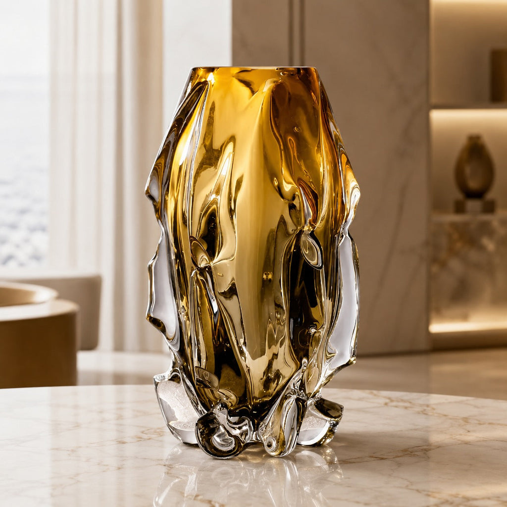 Modern Art Glass Vase Hand-Blown Crystal Decorative Piece Asymmetrical Amber Finish | ribuella