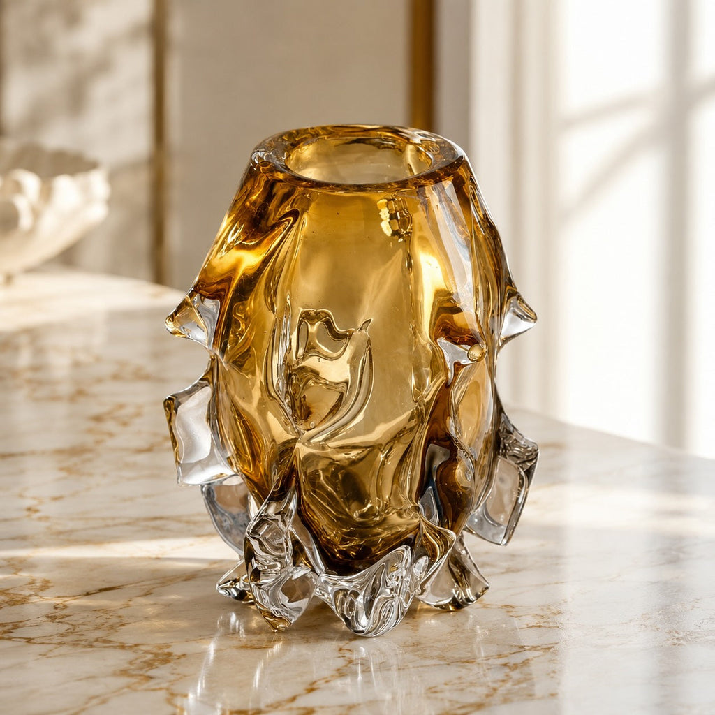 Modern Art Glass Vase Hand-Blown Crystal Decorative Piece Asymmetrical Amber Finish | ribuella