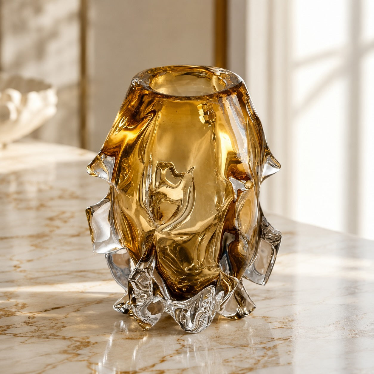 Modern Art Glass Vase Hand-Blown Crystal Decorative Piece Asymmetrical Amber Finish | ribuella