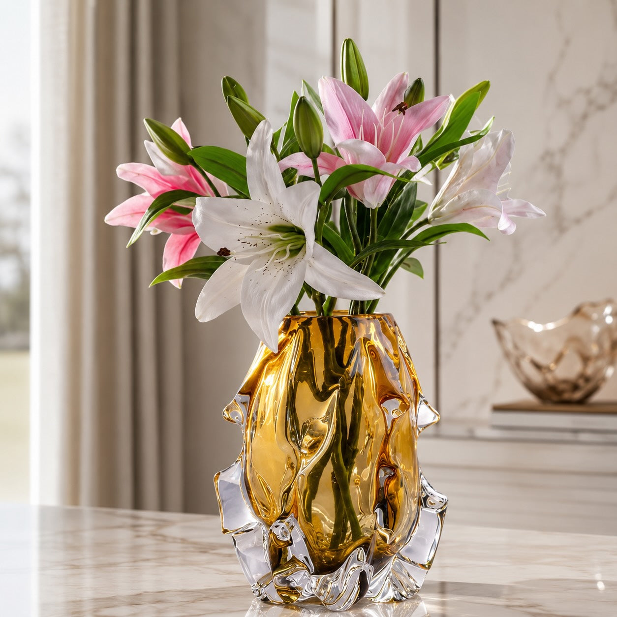 Modern Art Glass Vase Hand-Blown Crystal Decorative Piece Asymmetrical Amber Finish | ribuella