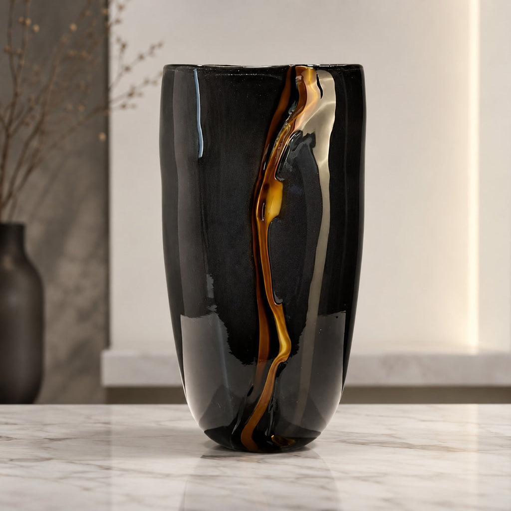 Modern Black Flower Vase Large Handblown Glass Decorative Centerpiece for Home or Office | ribuella