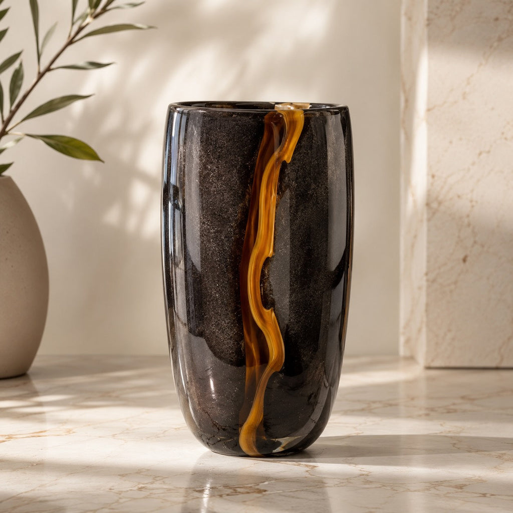 Modern Black Flower Vase Large Handblown Glass Decorative Centerpiece for Home or Office | ribuella