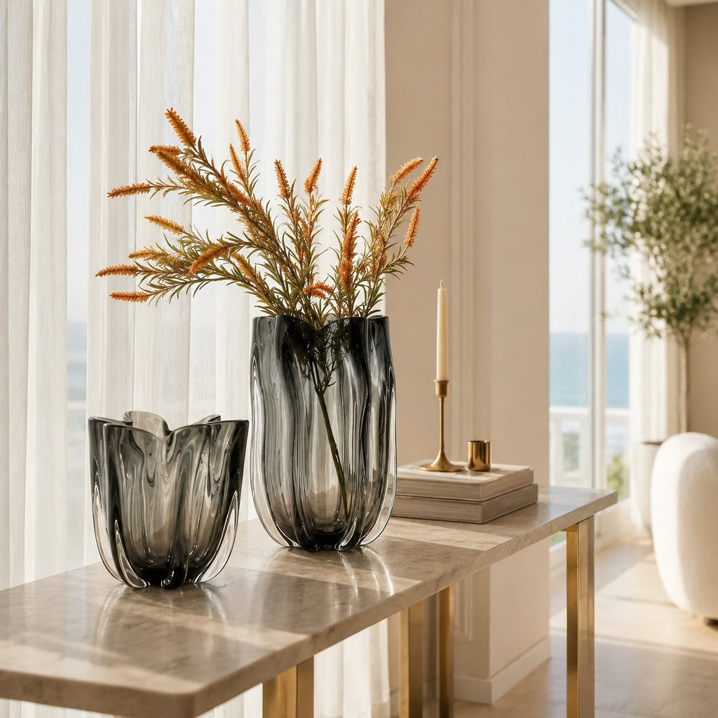 Large Contemporary Hand-Blown Glass Flower Vase Unique Finish for Elegant Floral Arrangements | ribuella