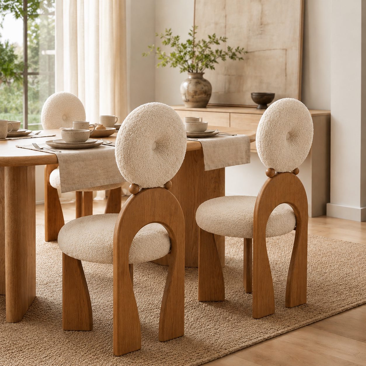 Modern Dining Chair with Arched Wooden Frame and Fully Cushioned Rounded Backrest | ribuella