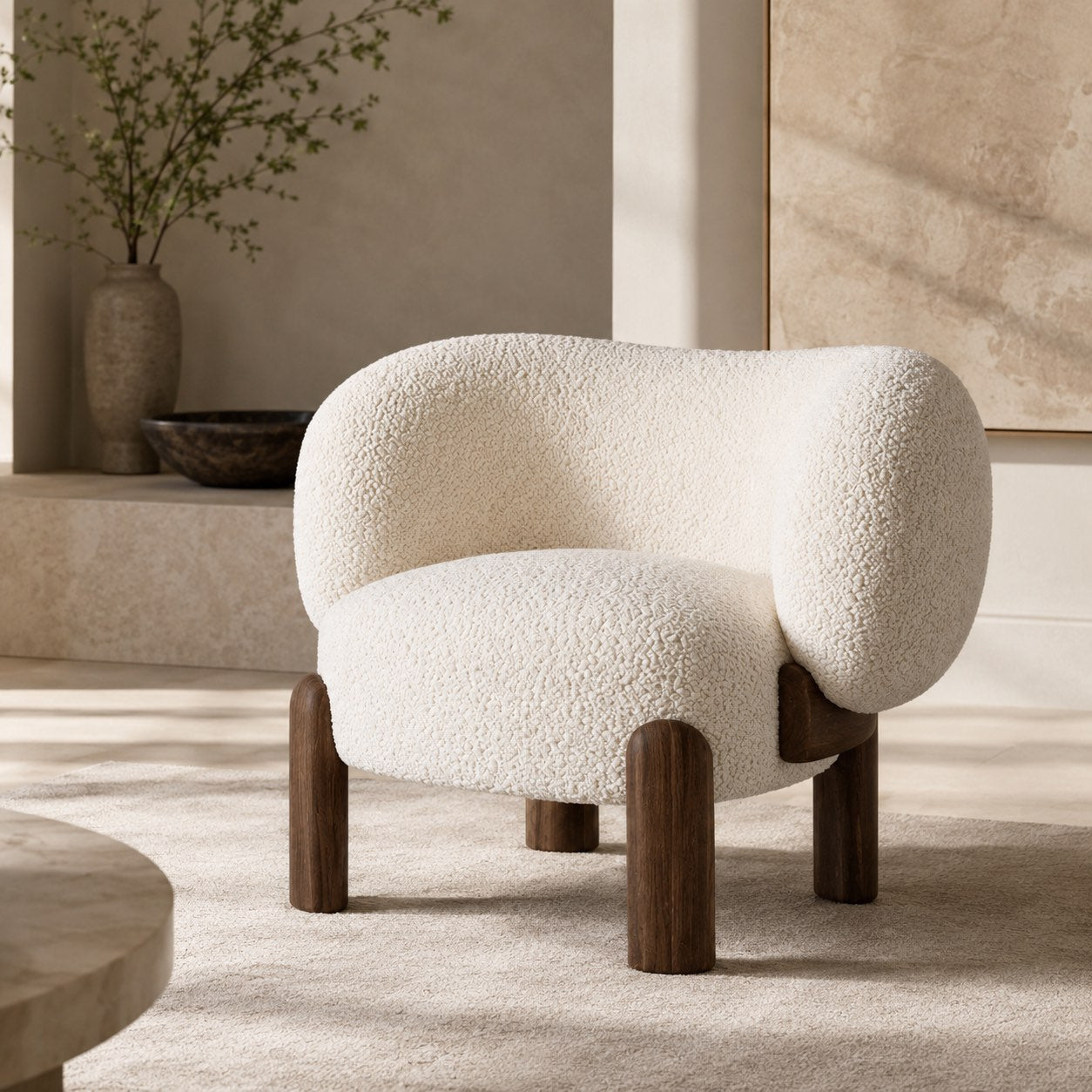 Contemporary Small Armchair with Curved Backrest Solid Wood Base Upholstered Seat Compact Design | ribuella