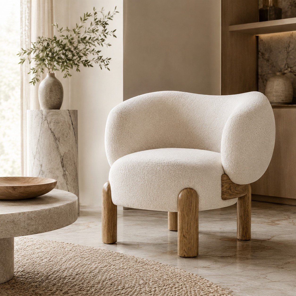 Contemporary Small Armchair with Curved Backrest Solid Wood Base Upholstered Seat Compact Design | ribuella