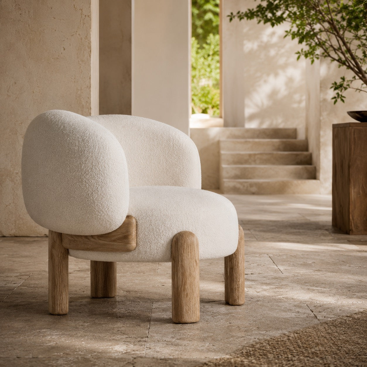 Contemporary Small Armchair with Curved Backrest Solid Wood Base Upholstered Seat Compact Design | ribuella