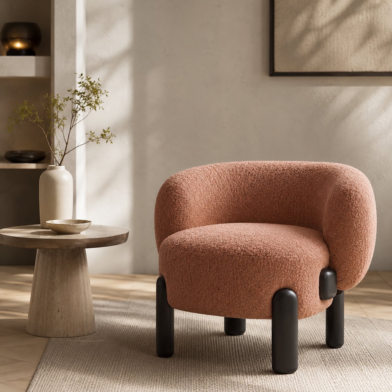 Contemporary Small Armchair with Curved Backrest Solid Wood Base Upholstered Seat Compact Design | ribuella